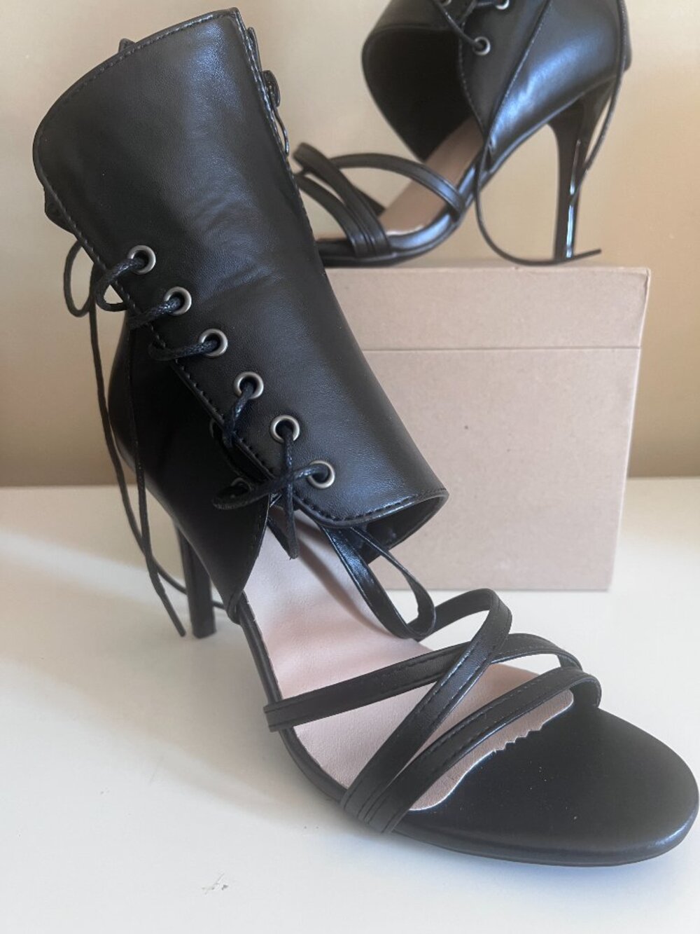 Fierce Strappy Black Leather Look Lace-Up Stilettos - 8.5 - Picture 6 of 10